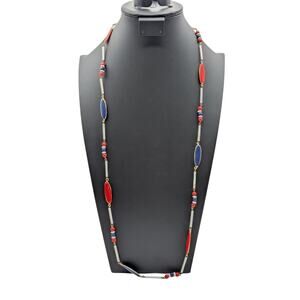 Vintage Red White Blue Multi Shape Long Acrylic Beaded Necklace